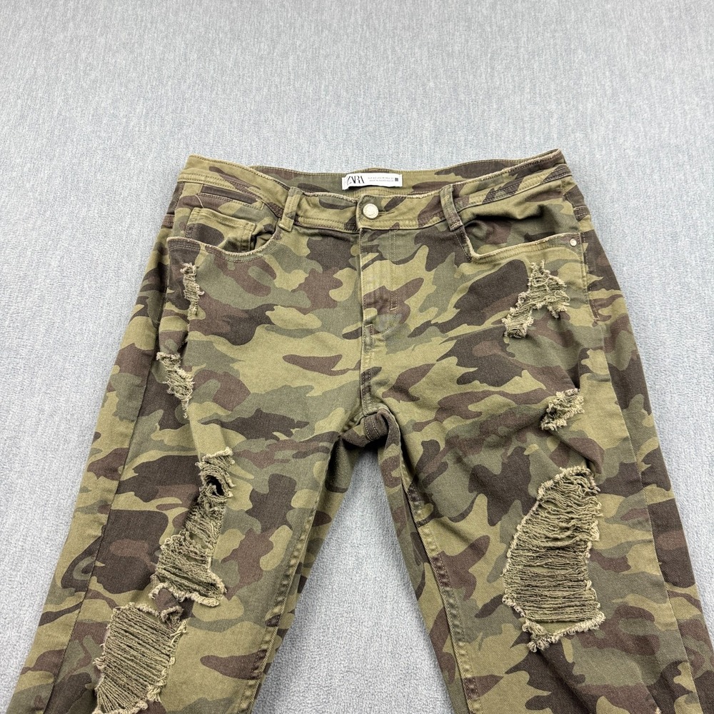Zara‎ Jeans Womens 10 Fits 33x28 Green Skinny Camouflage Distressed Frayed Hem - Picture 2 of 14